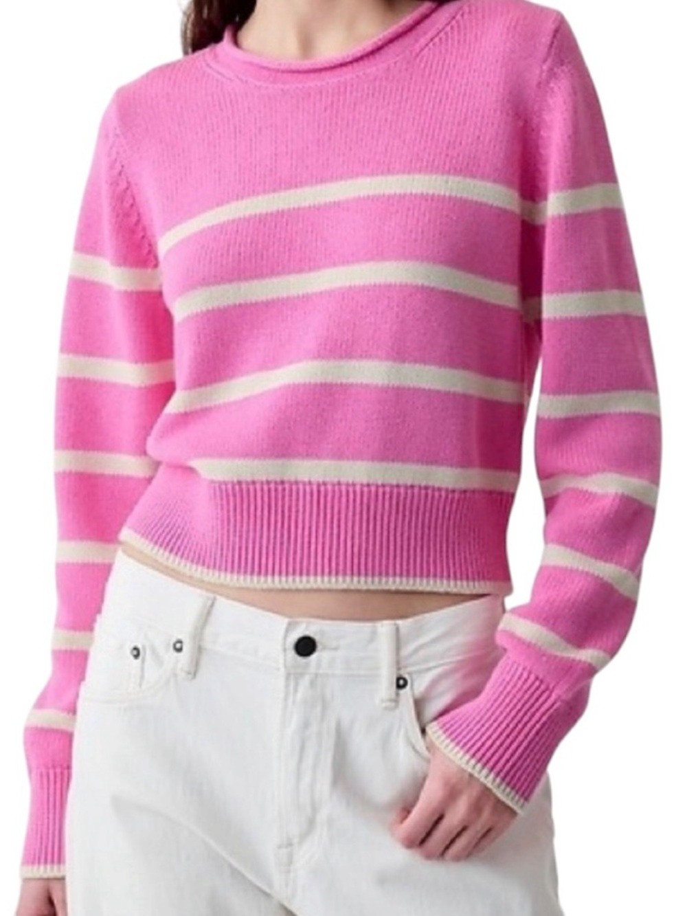 GAP Pink and Cream Striped Scoopneck Sweater